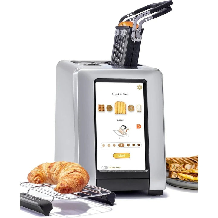 Slimme touchscreen-broodrooster voor twee sneetjes, paninipers, opwarmrek, metaal, digitaal