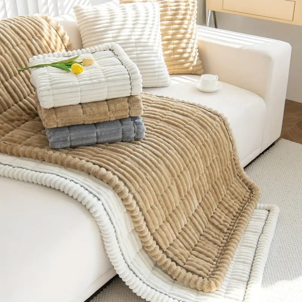 Zitkussenhoes voor bank met geplisseerde randen, gewatteerd pluche, antislip beschermer