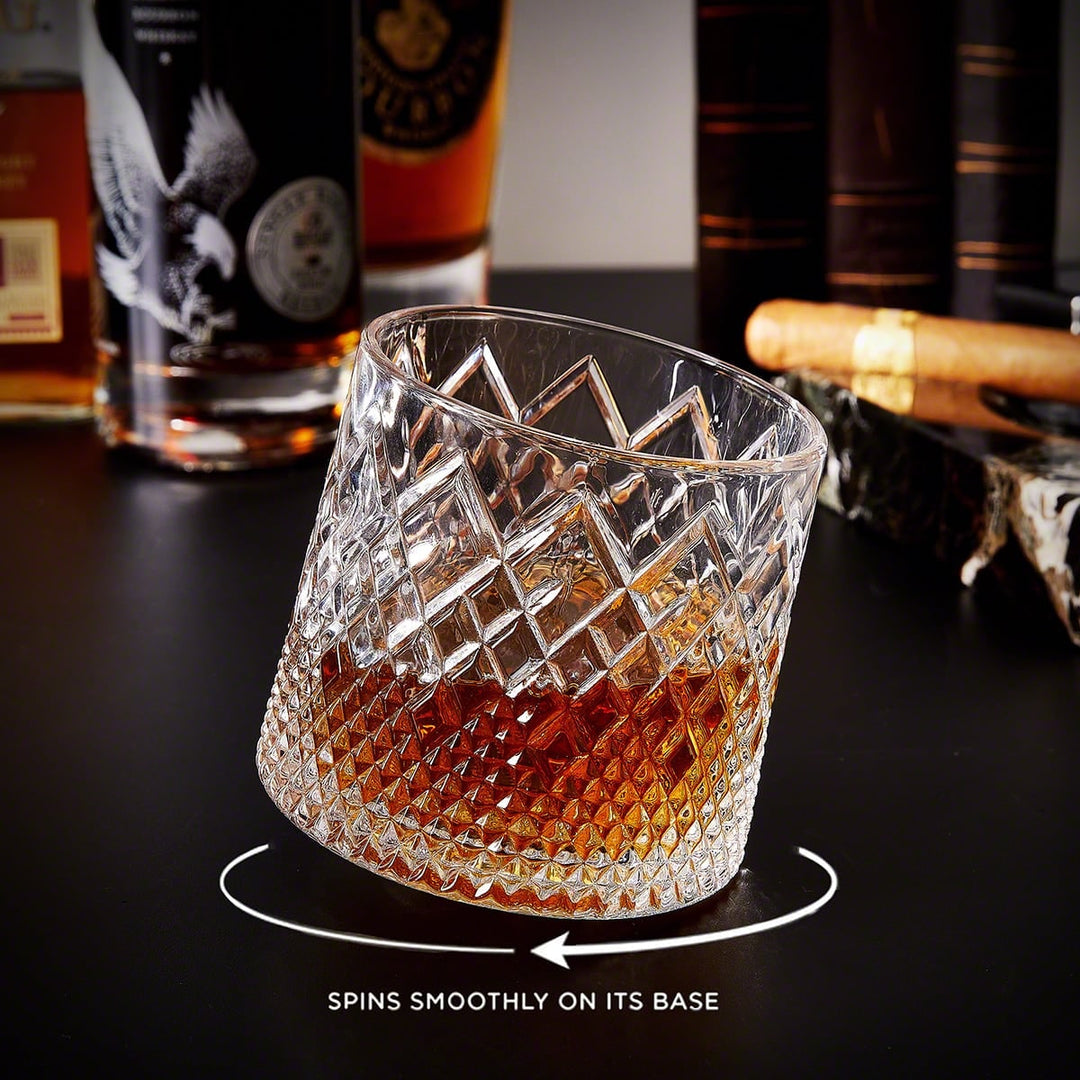 Draaiend whiskeyglas met diamantgeslepen textuur en houten onderzetter, 10 oz draaiende bourbontumbler
