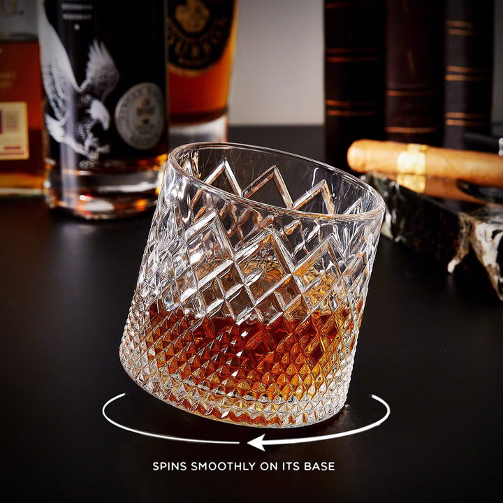 Draaiend whiskeyglas met diamantgeslepen textuur en houten onderzetter, 10 oz draaiende bourbontumbler