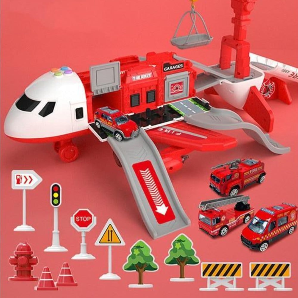 Speelgoedvliegtuig-speelset met interactieve lichtjes, geluiden en die-cast voertuigjes