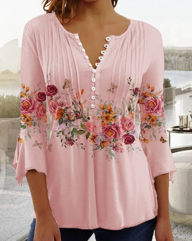 Bloemenblouse met knoopsluiting en driekwartmouwen voor dames