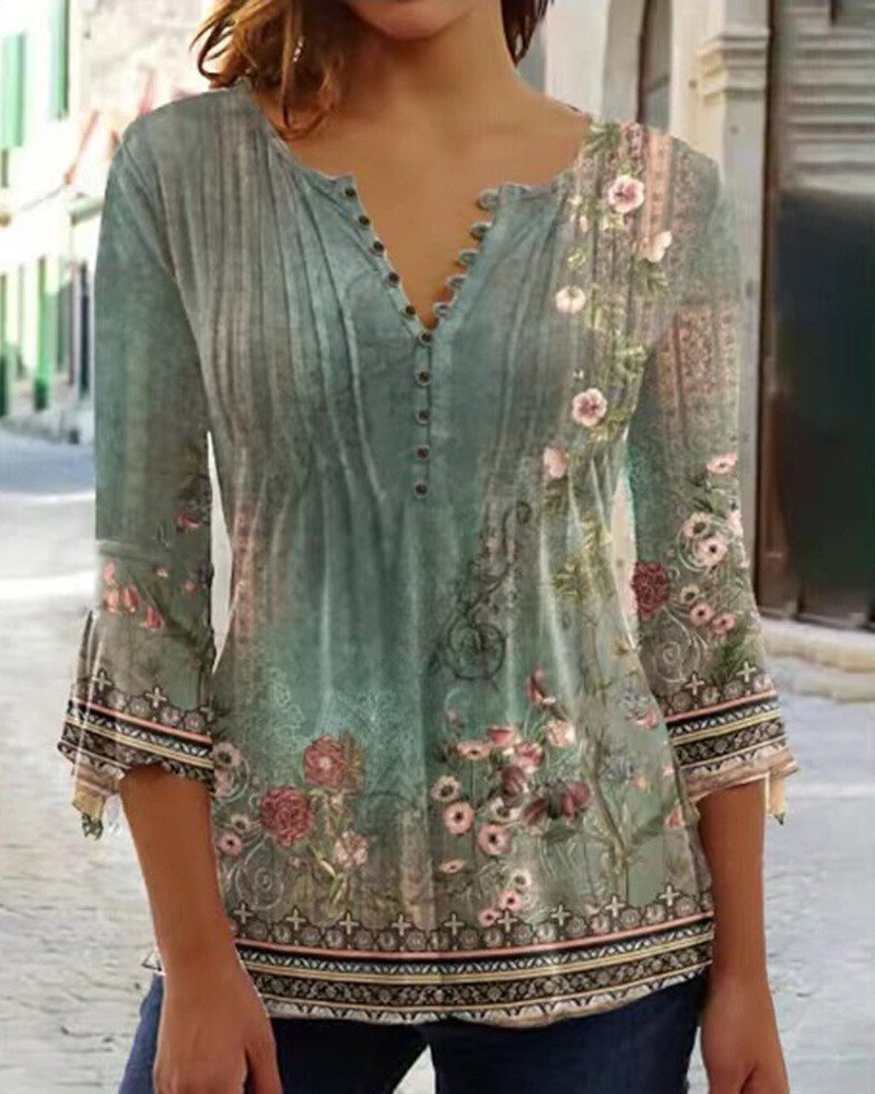 Bloemenblouse met knoopsluiting en driekwartmouwen voor dames