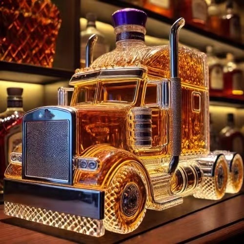 Whiskykaraf in de vorm van een vrachtwagen, glazen fles met stop