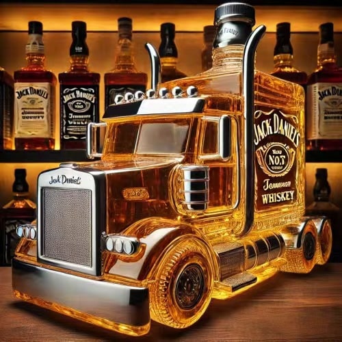 Whiskykaraf in de vorm van een vrachtwagen, glazen fles met stop