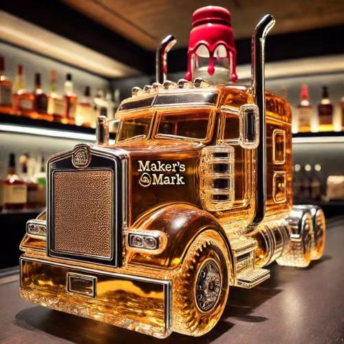 Whiskykaraf in de vorm van een vrachtwagen, glazen fles met stop