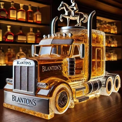 Whiskykaraf in de vorm van een vrachtwagen, glazen fles met stop
