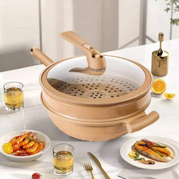 Wokpan met antiaanbaklaag, stoommandje en glazen deksel, gespikkeld