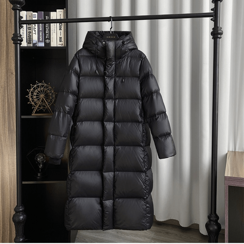 Zwarte Lange Dames Pufferjas met Capuchon, Waterafstotend Gewatteerd Winterjack
