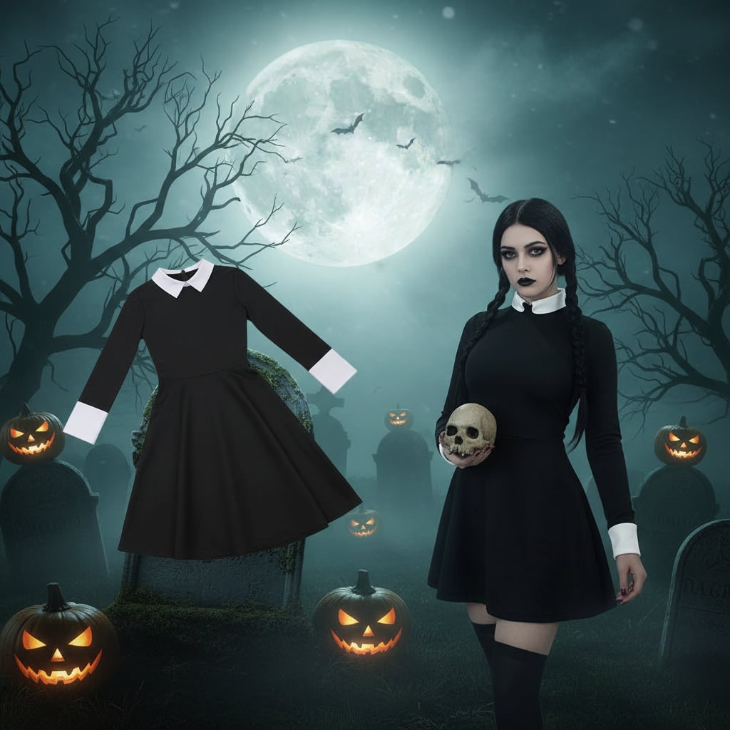 Dames Halloweenkostuum gothic schoolmeisje met witte kraag en lange mouwen, feestoutfit