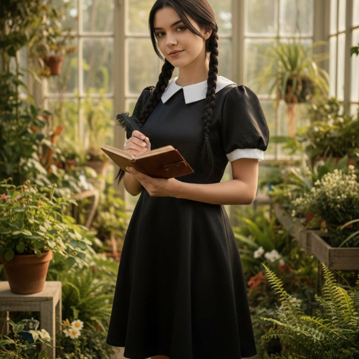 Dames Halloweenkostuum gothic schoolmeisje met witte kraag en lange mouwen, feestoutfit