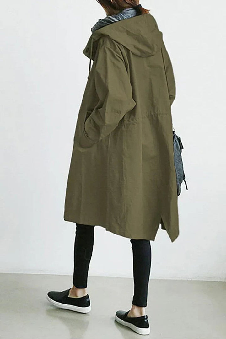 Lange damestrenchcoat met capuchon, waterdicht, oversized pasvorm