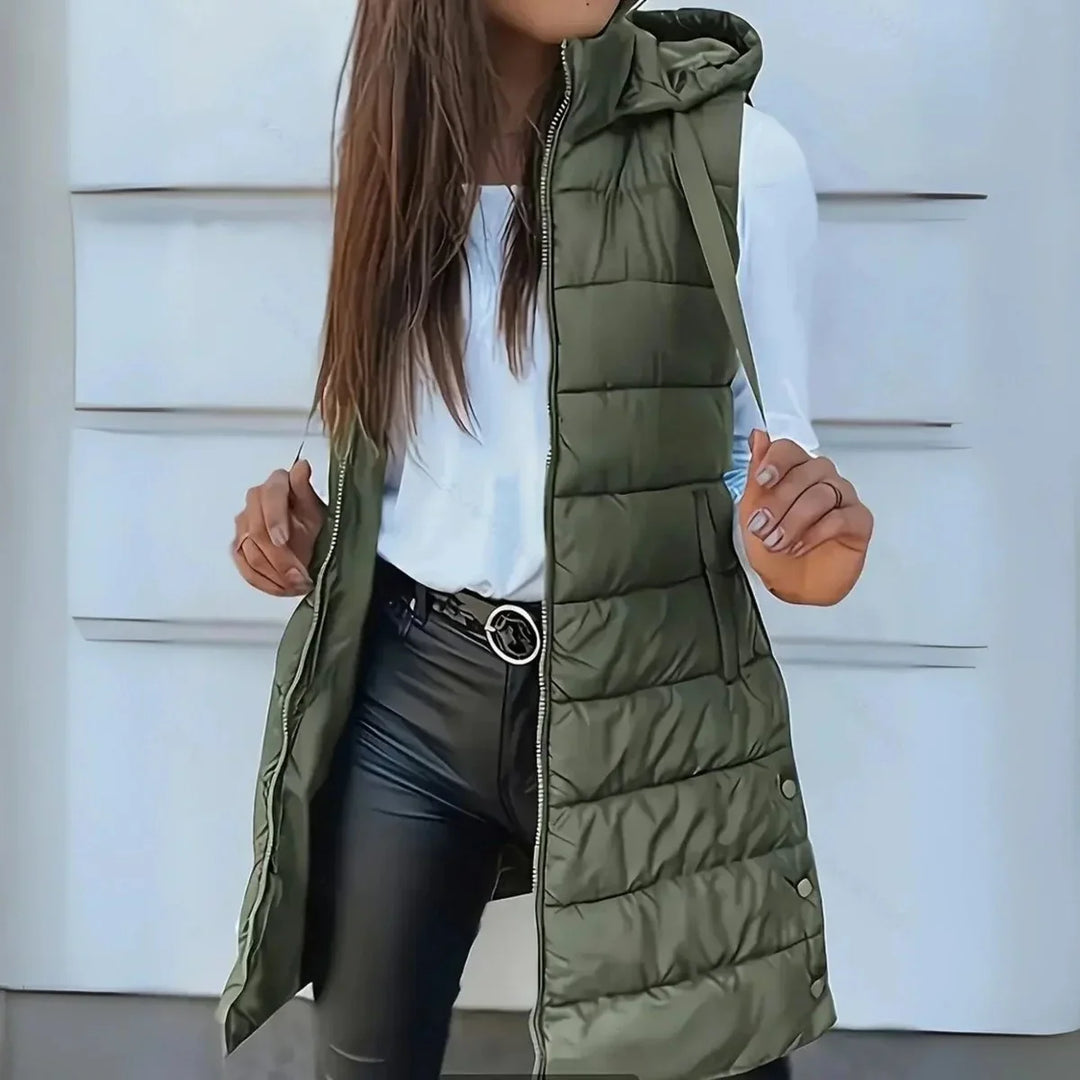 Lange mouwloze puffer gilet met capuchon