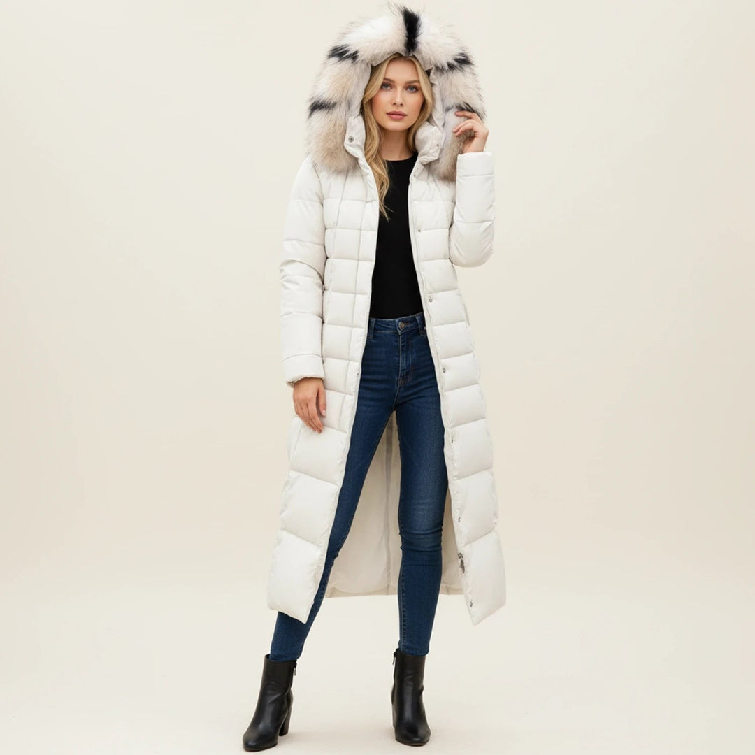 Lange dames puffer jas met capuchon van imitatiebont, gewatteerd en met riem, winterjas