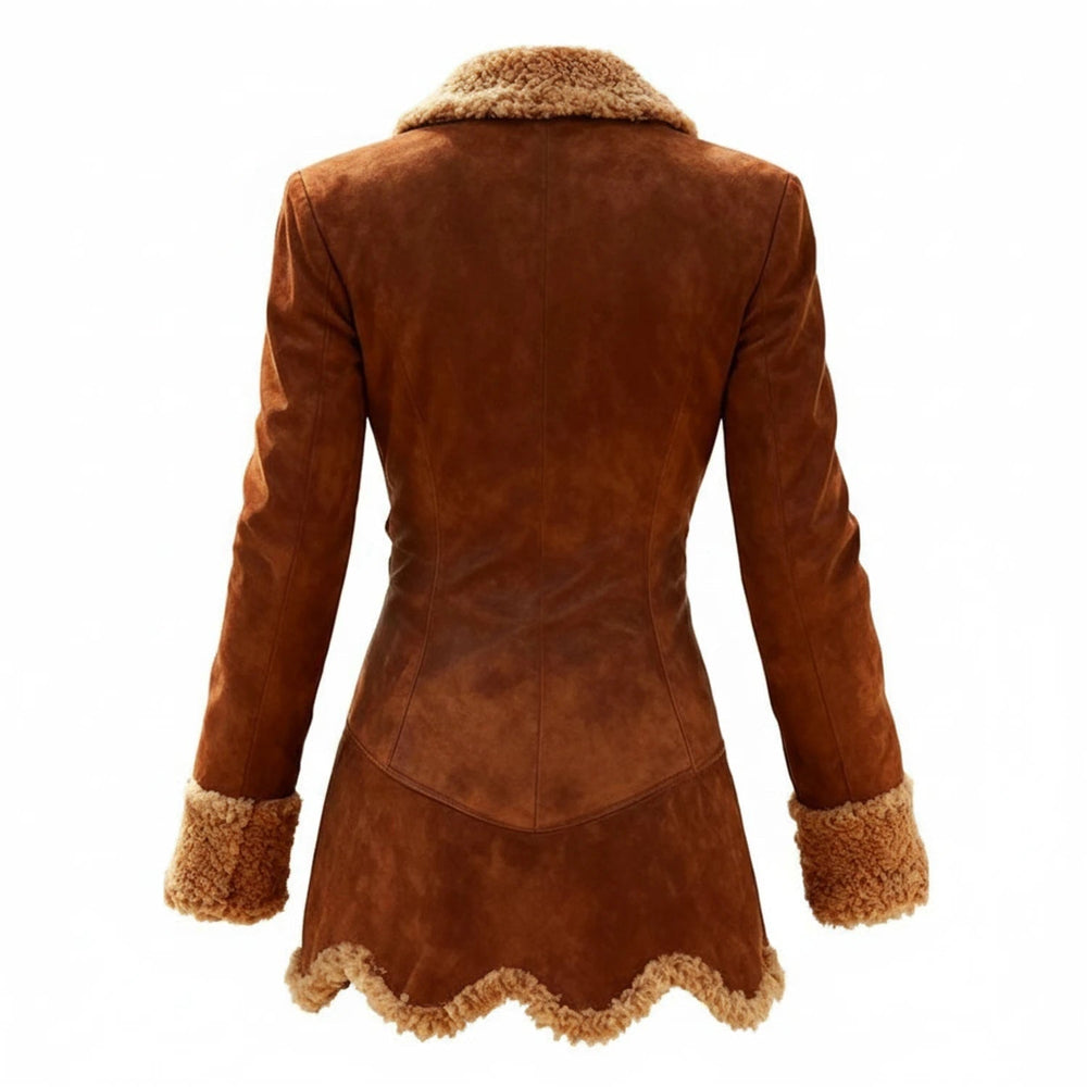 Dames shearling jas van imitatiesuède met bontrand, getailleerde winterjas