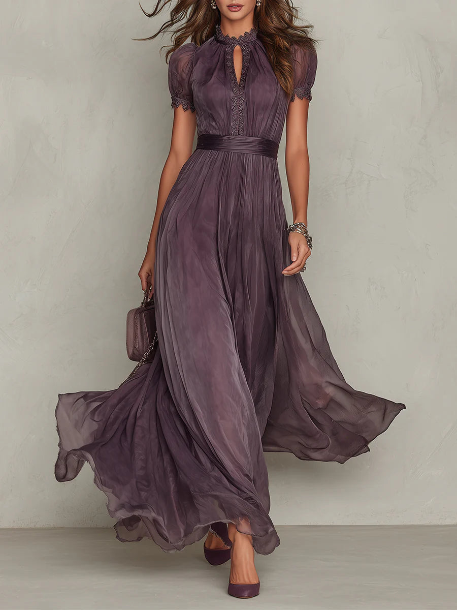 Dames maxi-jurk met kanten bies en gerimpelde taille voor speciale gelegenheden