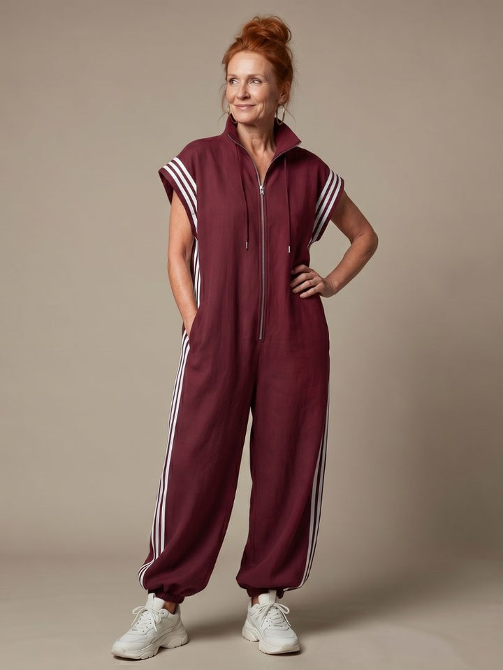 Jumpsuit met gestreepte panelen, rits voorop en korte mouwen voor dames