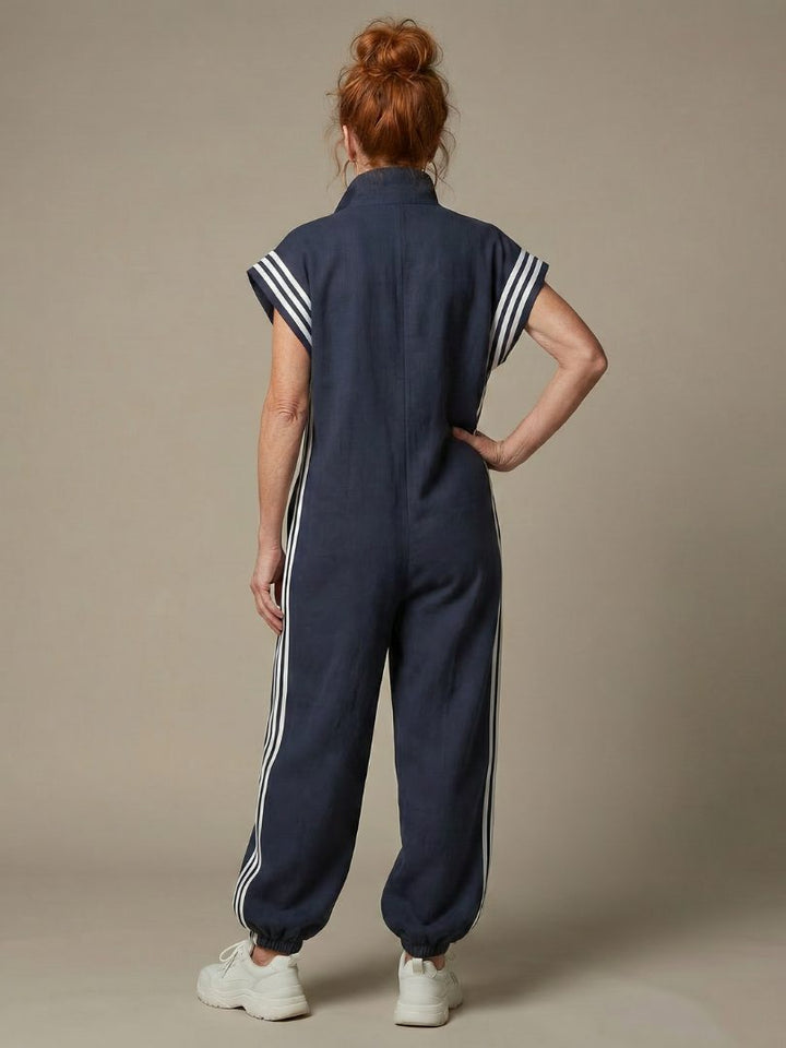 Jumpsuit met gestreepte panelen, rits voorop en korte mouwen voor dames
