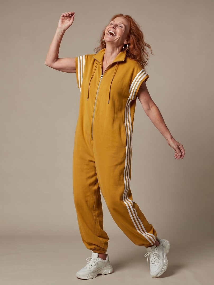 Jumpsuit met gestreepte panelen, rits voorop en korte mouwen voor dames